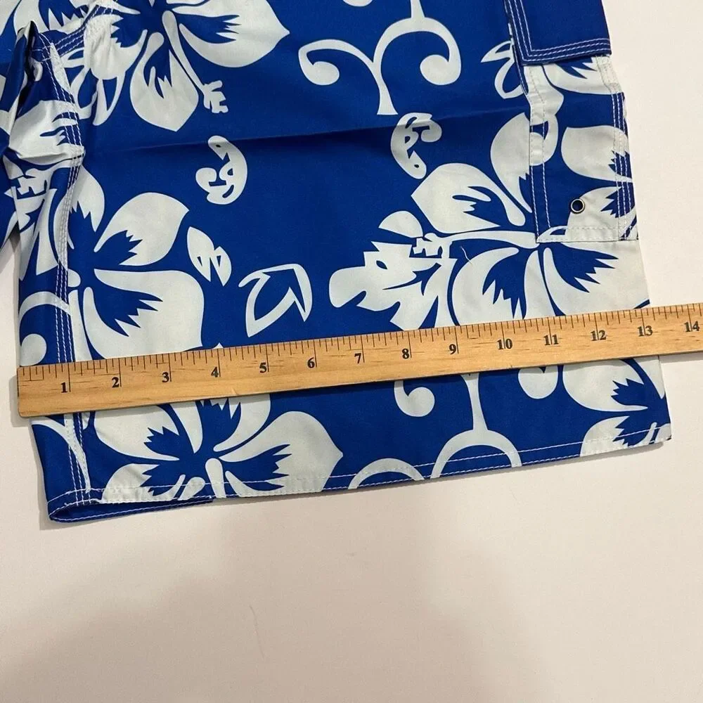 Chalaco Hibiscus Floral Swim Trunks Blue and White | Men Size Large